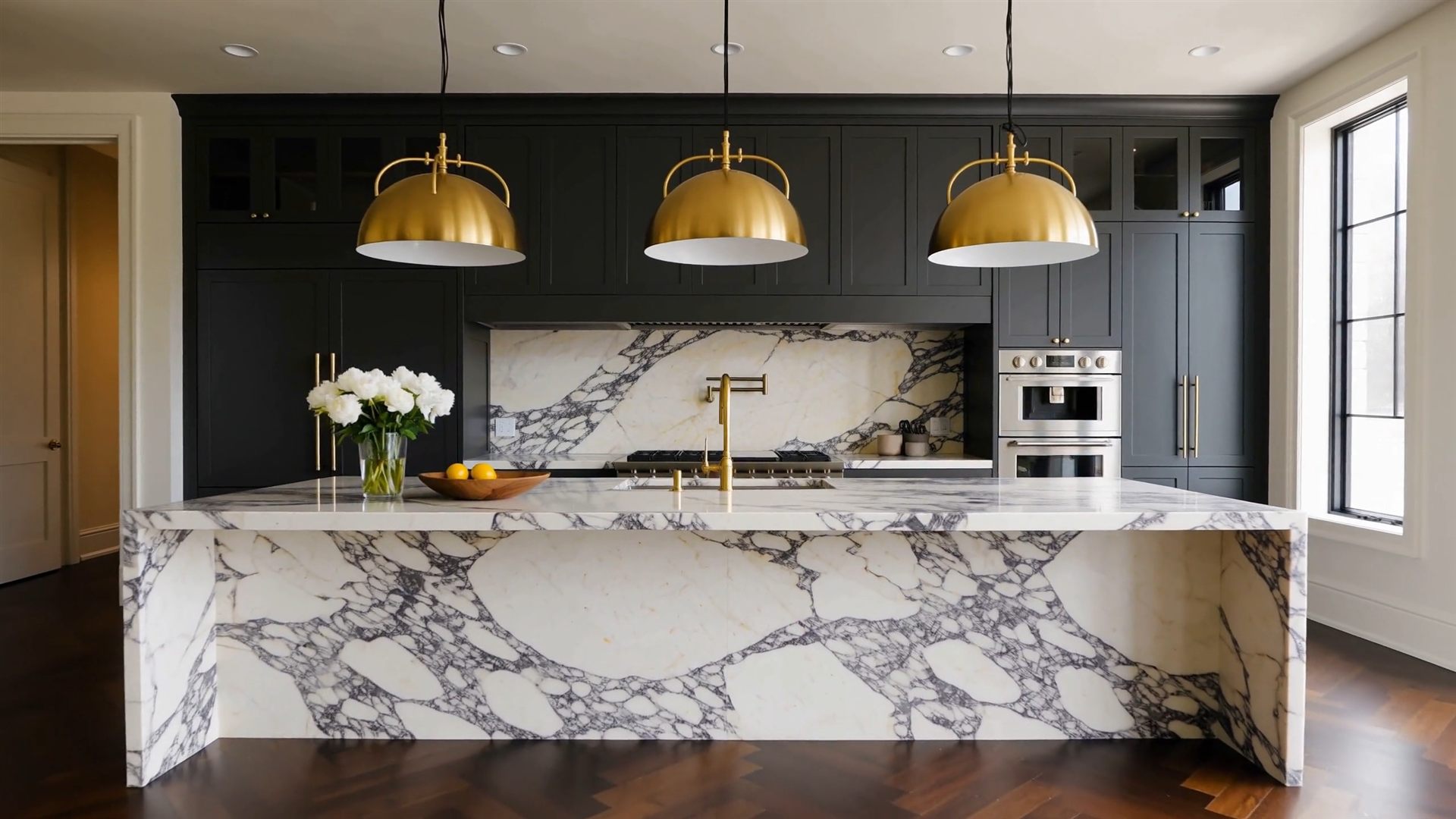 Marble waterfall-edge kitchen island with brass pendant lighting