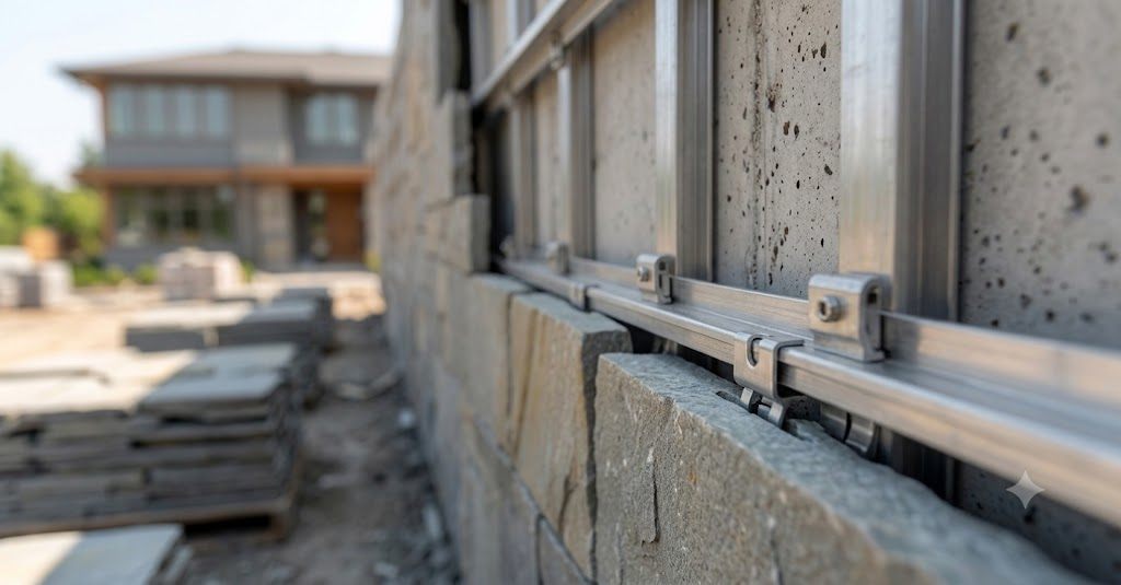 Close-up of a mechanical stone clip fixing system securing stone cladding to an outdoor facade