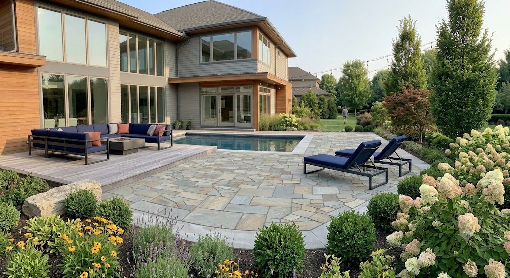 Outdoor natural stone flagstone paving around a pool and alfresco entertaining area